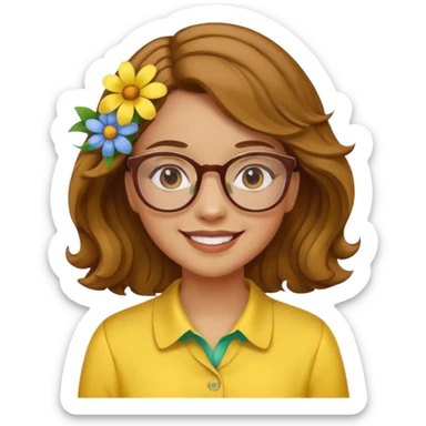 girl with a yellow blouse with flowers, with hair in waves with glasses smiling sticker
