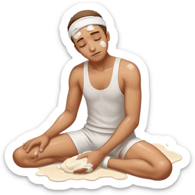 Man on the floor exhausted covered in white lotion sticker