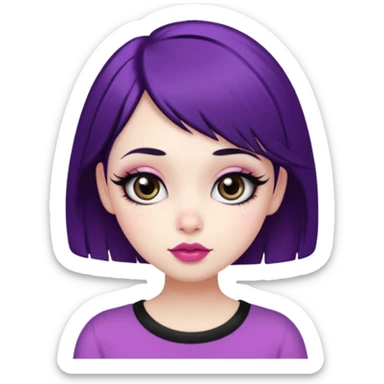 Pretty girly girl,white skin,short black and a little purple hair,big eyes with long eyelashes,big pink cheeks,medium full pink lips, medium nose a little crooked,wear a black short,thick short brown eyebrows sticker
