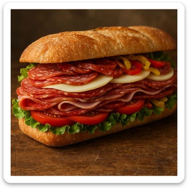 an Italian sandwich with visible layers of cured meats, provolone cheese, lettuce, tomato, and peppers, on a rustic baguette sticker