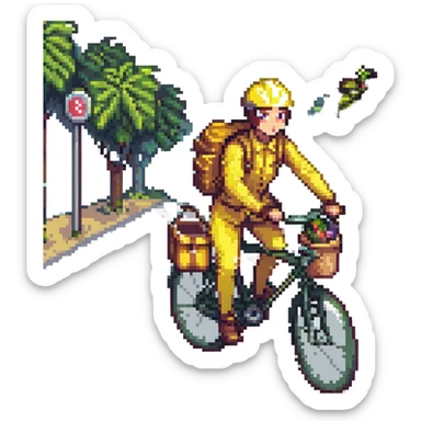 A courier on a yellow bicycle wearing yellow clothes, riding from left to right sticker