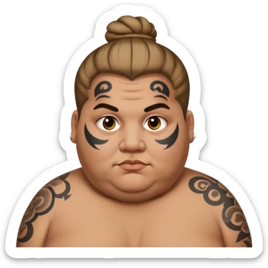 obese man with lots of face tattoo and hair bun sticker