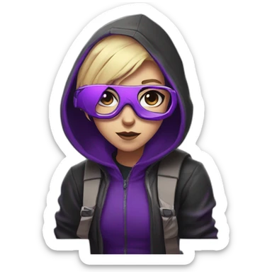 Girl blond developer  with round glasses left side behind his laptop with this style: valorant riot Game purple character purple black hooded hacker themed character sticker