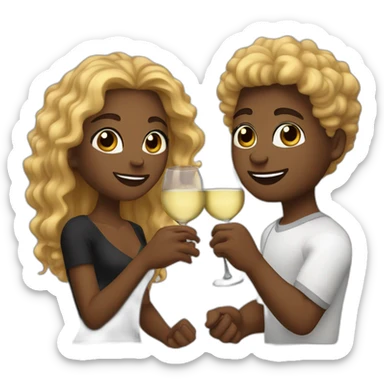 A black female with brown eyes and blond medium long hair and a black male with brown eyes and black hair curly, they toast to each other with a glass of white wine. sticker