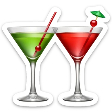 two realistic glasses of cocktail in emoji style, one is red color and one is green, martini glass shape, no straw, no fruit, no ice, no Cocktail sticks sticker