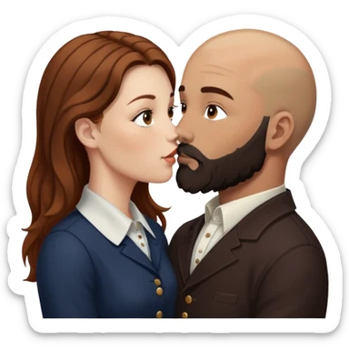Couple. Bald man with dark brown-black beard. White woman with many small, faded freckles, she has white skin and she has auburn-brown-cinnamon, dark long hair. She has light brown eyes. The man have hazel eyes. She have light eyes. Retro style. She kisses him. Dark akademia. sticker