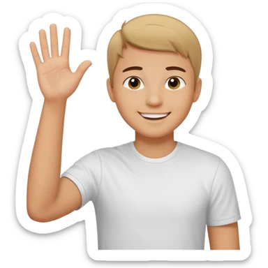 joven trigueño corte de pelo muy cortito polera blanca sonrisa bonita saludando mano arriba sticker