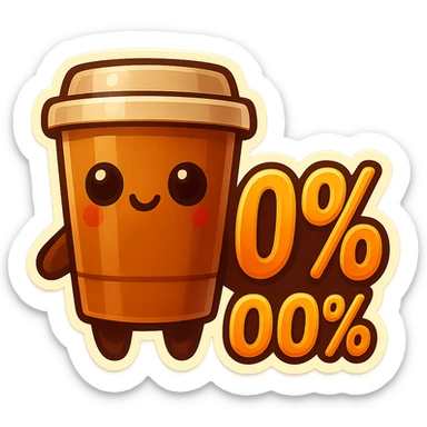 Tall coffee cup, no mouth, giant sign "100%" sticker