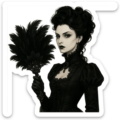 Aristocrat goth fan, black feathers, ornate handle, dramatic style sticker