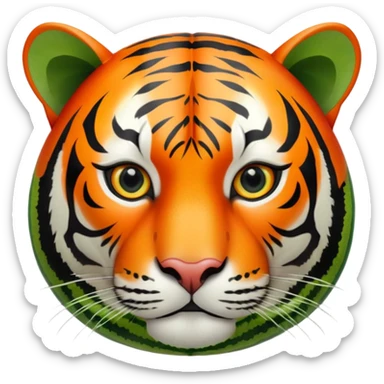 A round watermelon with green rind and a realistic tiger head attached to it sticker