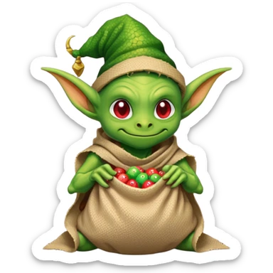 A pixel art goblin with a cloth sack over its back filled with dragon eggs. sticker