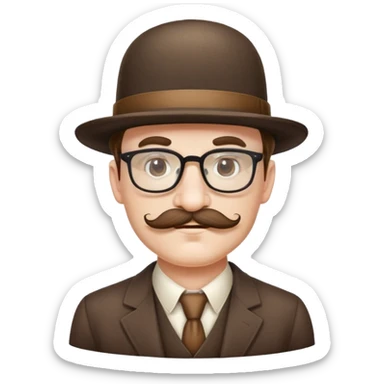 a mustachioed, full-bodied man with square glasses and a bowler hat sticker