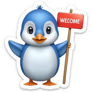 Blue penguin that holds very big welcome sign sticker