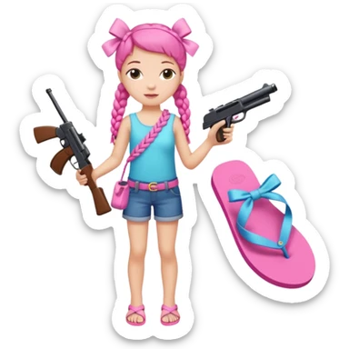 A girl who has a braid on one should and has a flipflop in one hand that has a bow while in the other hand she has a gun with a bow  sticker