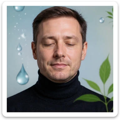 Vertical portrait of a man's face in a realistic style with closed eyes. Include symbols of water drops and green leaves near the face to represent hydration and detoxification during fasting. The atmosphere should convey freshness and cleanliness. sticker