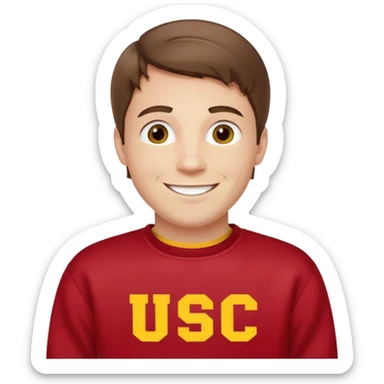 happy pale white man with brown hair in a red sweatshirt with USC in yellow letters sticker