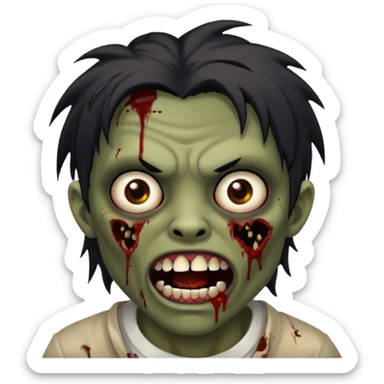 zombie with brown skin, messy black hair, wide centered brown eyes, dark bloody marks under the eyes, and a slightly open mouth showing crooked teeth grillz, giving a distressed, undead look. sticker