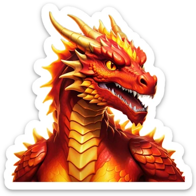 Cinematic Noble Fierce Fire Dragon Portrait Emoji, Poised and imposing, with a muscular, scaled body ablaze in fiery hues of crimson, molten orange, and molten gold, and intense, burning eyes that mirror the heart of a volcano; rendered with lifelike texture and dynamic natural highlights, high shine, formidable and intense, styled with an aura of scorching mythic power, focused and resolute, soft glowing outline, capturing the essence of a legendary inferno poised to ignite the screen with timeless ferocity! sticker