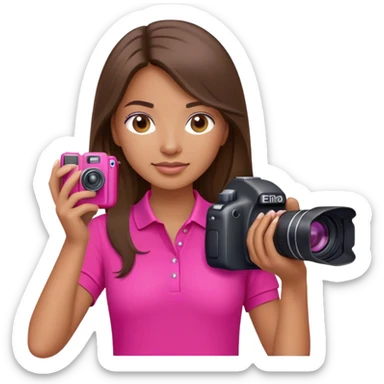 woman photographer with long brunette hair hot pink polo shirt and camera sticker
