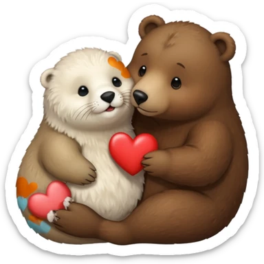 small white seal kissing a big brown bear with a heart between them sticker