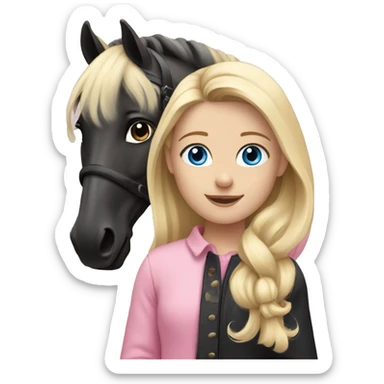 blonde girl with blue eyes wearing pink playing with her black horse sticker