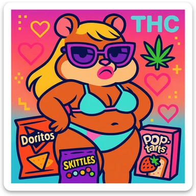 Vibrant, square Discord server icon for 'The Hamster Cult (THC)'. Central character: thick tan anthro cute hamster girl with big thighs, chubby tummy, pouty lips, and a bratty attitude, wearing a pastel bikini and oversized sunglasses. Colorful, vaporwave-inspired background with neon hearts, fruitger aero and webcore pixel details, weed leaf, subtle 'THC' logo, and surrounded by nostalgic snacks. Playful, bratty, chaotic but polished, perfect for a Discord icon. sticker