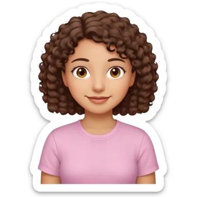 A Latina girl with brown eyes and short curly hair with a light pink shirt sticker