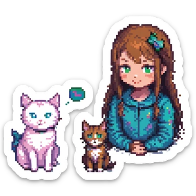 Replace the girl with the one in the reference image, keeping the pose: girl and cat looking at each other, pixel art style, with no background. sticker