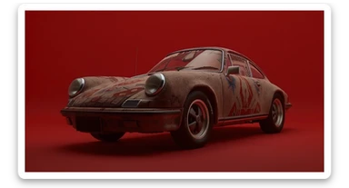 Medium shot of a porsche 911, body of car made of russian carpet with patterns, red solid studio background, low keu light, top soft light, dutch angle,  captured by ARRI 65 sticker