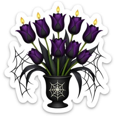 goth tulip bouquet with black tulips, spiderwebs and candle sticker