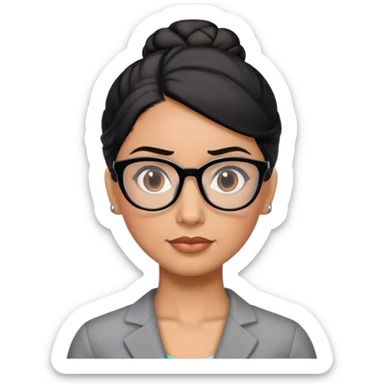 hispanic teacher with black hair in a updo bun, wearing gray glasses sticker