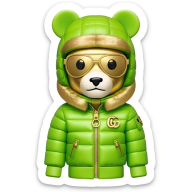 blocky bearbrick figure with cube-shaped head, lime green balaclava with integrated mirrored visor lens, Gucci logo patterned puffer jacket with lavish fur collar and cuffs, luxury statement piece, gold chains sticker