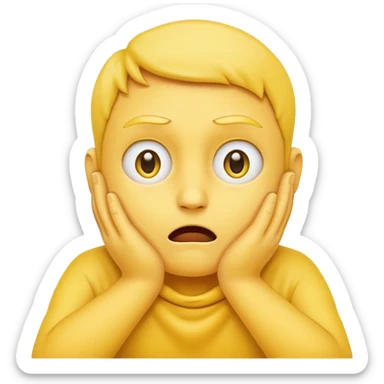 Yellow face emoji strangling itself with 2 arms crossed and hands saround neck and eyes looking up in fear sticker