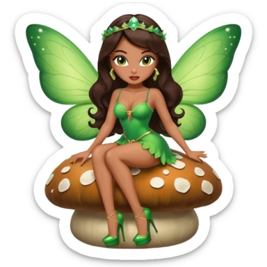 A sexy, super pretty bratz girl with caramel skin. Huge tits. Dark brown hair and brown eyes. She has freckles. Wearing sexy makeup. Wearing a green fairy costume and heels and flying nsfw sitting on a mushroom sticker