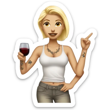 Blonde women in, her body covered with tattoos, wine in her one hand and pointing you with other hand with her pointer finger sticker