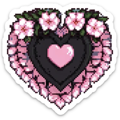 goth sakura heart, pixel art, black heart with pink sakura petals, retro game vibe sticker