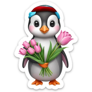 Cute baby penguin holding flower bouquet wraped in white paper and all flowers tulips in pink colour sticker