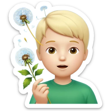 A 3D cartoon child blowing on a dandelion, seeds flying in the air, sunny garden background, realistic Memoji-style. sticker