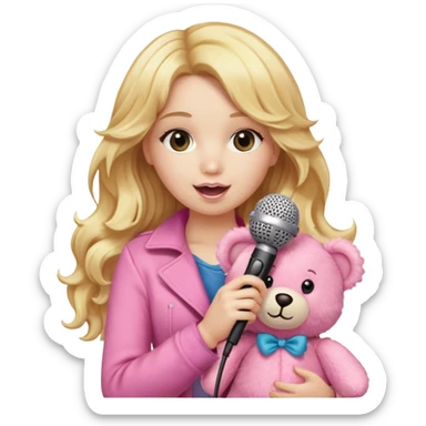 An emoji of a blonde female singer holding a plush pink teddy bear. She has long, wavy golden hair and is singing into a microphone with a passionate expression. The pink teddy bear is soft and fluffy, adding a cute and playful touch. A mix of glamour and sweetness sticker