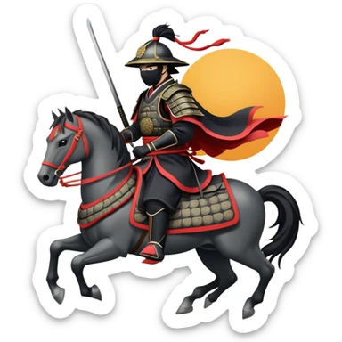 clash-of-clans-aesthetic_-cinematic-fearsome-and-majestic-samurai-bust-portrait-emoji, rendered in a flat, vector-style with minimal shading and bold, simplified shapes typical of emoji art, depicting a battle-hardened samurai with black mask and traditional black Japanese armor. The samurai is riding a noble grey warhorse adorned with an intricately designed saddle and fluttering banners and a rising sun. a samurai riding on a  horse sticker