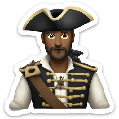 white pirate on a caravel ship, looking true a binocle and with is hand on the face sticker