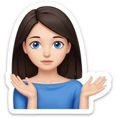 Girl with dark brown hair thats about shoulder lenght with blue eyes covering their neck with two hands without clothes sticker