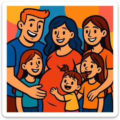 cartoon-style family with father, pregnant mother, two teenage daughters, and a toddler girl, all smiling and close together sticker