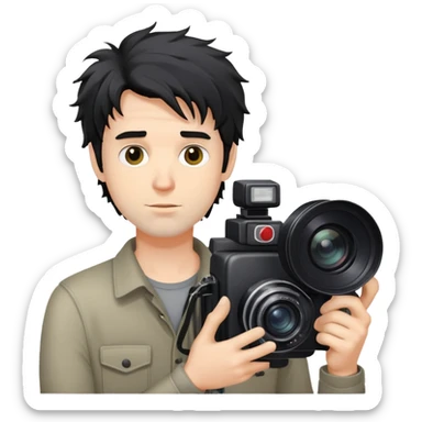 a white man with black messy hair holding a foto camera sticker