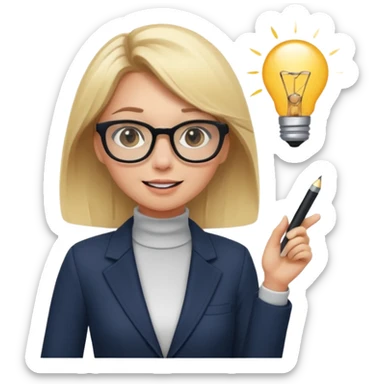 A cute blonde girl emoji in cartoon style as a professional presentation designer. She wears stylish glasses, a modern outfit like a chic blazer or turtleneck, and holds a digital tablet or stylus. She has an excited expression with a lightbulb idea. sticker