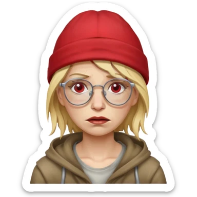 very dirty looking homeless woman with ripped red hat with ugly blond hair and broken glassess sticker