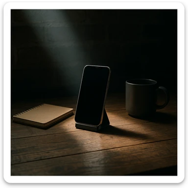 dark room in loft style, iphone lies on a wooden table on a stand, next to it lies a notebook and a cup, a beam of light shines directly on it and on the table sticker