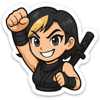 Create an anime chibi style ninja girl with the same face, outfit, and colors as the reference. The ninja girl should have her fist fully extended upward, completing the punch. Transparent background, sized for Twitch emoji use. This is animation frame 3. sticker