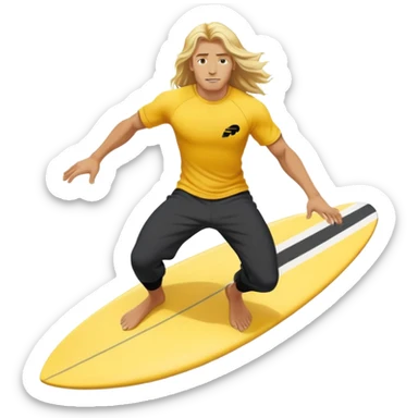 Man Surfer surfing with long blond hair, yellow t-shirt with black Nike logo in center of chest, black baggy sweatpants. On a yellow and white board sticker