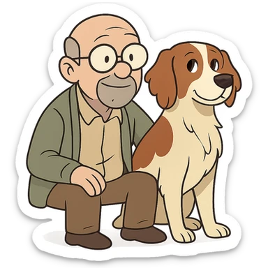 cartoon style bald old man with round glasses and grey goatee sitting beside a Brittany Spaniel, both looking content sticker